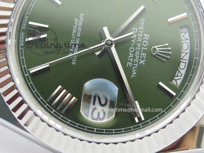 MiroTime 0508 Stretchable DayDate 40mm BP-Maker 228206 SS Green Roman Dial (Fluted Bezel) On SS Bracelet ETA 3904